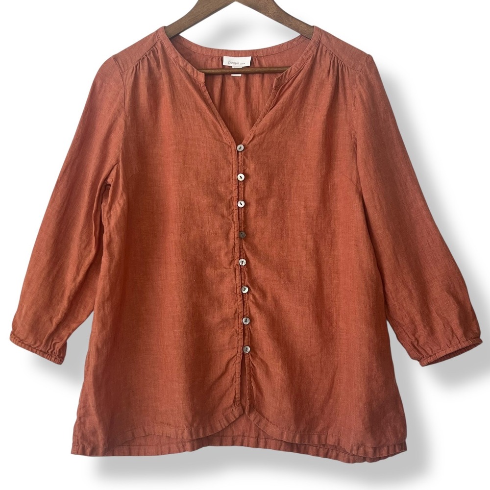 Pure J. Jill 100% Linen SP Button Up Blouse Rust‎ Orange Petite Lagenlook Beach